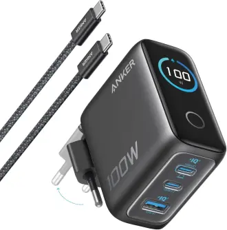 „Anker“ 100 W USB C įkroviklis, kompaktiškas 3 jungtis „GaN“  išmanusis ekranas, jutiklinis valdymas 