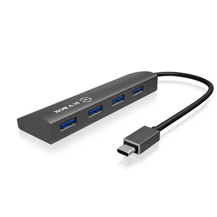 Icy box IB-AC6405-C 4 Port  USB 3.0 Type -C Hub, Aluminium ( 1 x Type -C to 4 xType-A ) Raidsonic 4 Port USB 3.0 Type -C Hub, Aluminium ( 1 x Type -C to 4 xType-A ) 