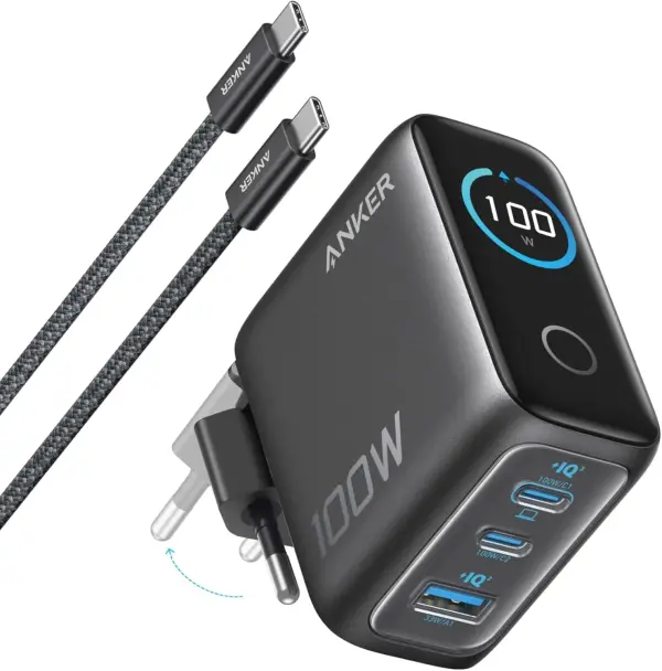 „Anker“ 100 W USB C įkroviklis, kompaktiškas 3 jungtis „GaN“  išmanusis ekranas, jutiklinis valdymas 