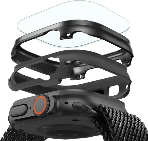 Apple Watch Ultra 3/2/1 dėklas, juodas su ekrano apsauga, 49 mm (2025/2024/2023/2022), su 2 Armorite stiklų komplektu 